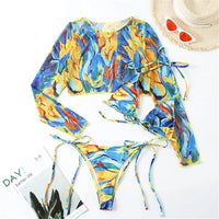 S- XXL Leopard Printed Long Sleeve Bikini Women Swimwear Female Swimsuit Three-Pieces Bikini Set Bather Bathing Suit Swim V3193Y