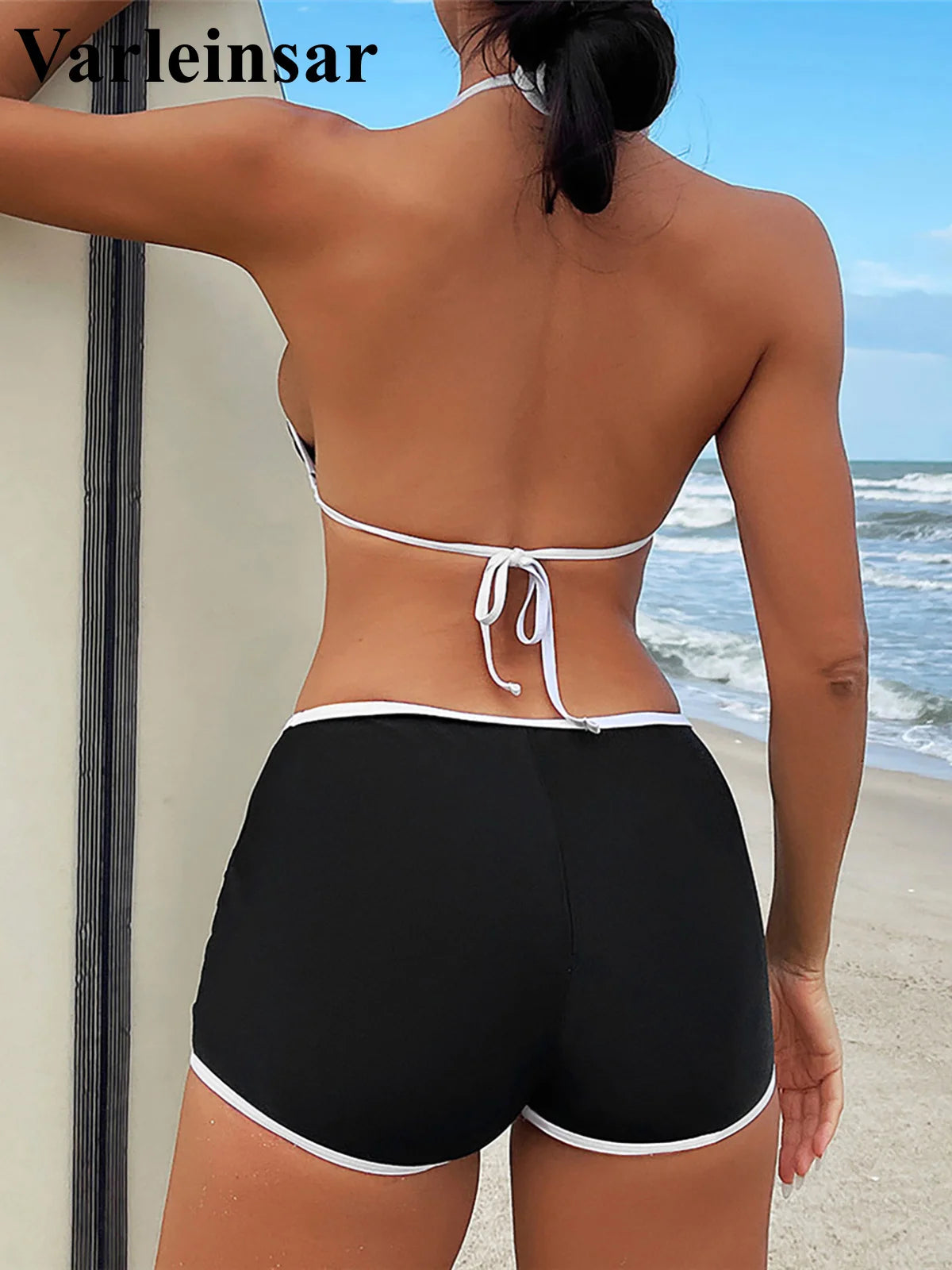 New Sexy Splicing Halter Bikini Female Swimsuit Women Swimwear Two-Pieces Bikini Set Beach Shorts Bather Bathing Suit Swim V5226
