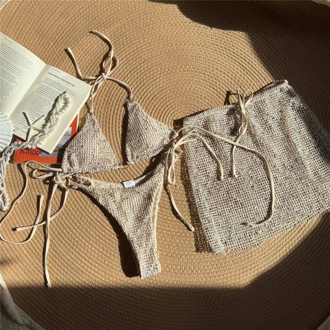 3PCS With Hollow Out Skirt Halter Bikini Female Swimsuit Women Swimwear Three-Pieces Bikini Set Bather Bathing Suit Swim V6451