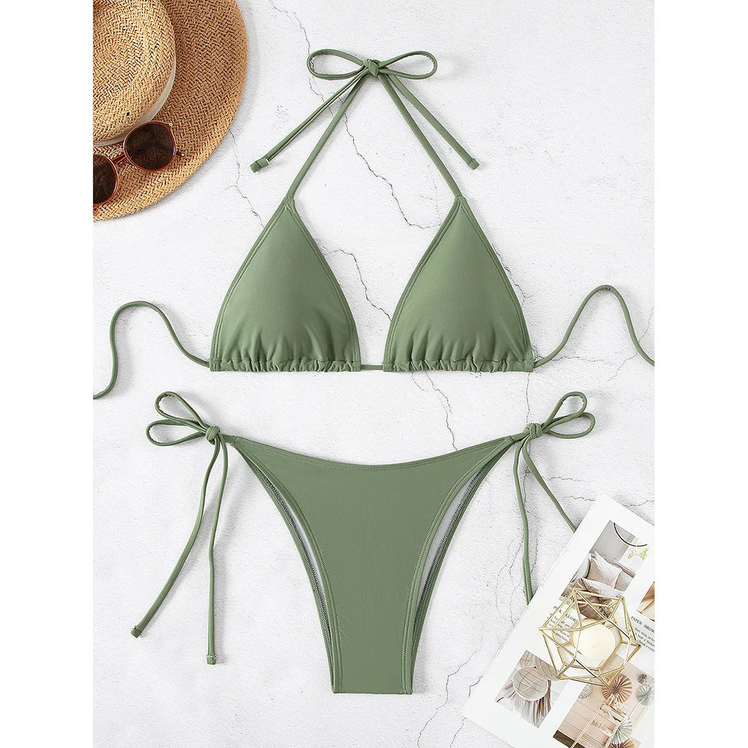 7 Colors Halter Brazilian Bikini Women Swimwear Female Swimsuit Two-Pieces Bikini Set Padded Bather Bathing Suit Swim Lady V3536