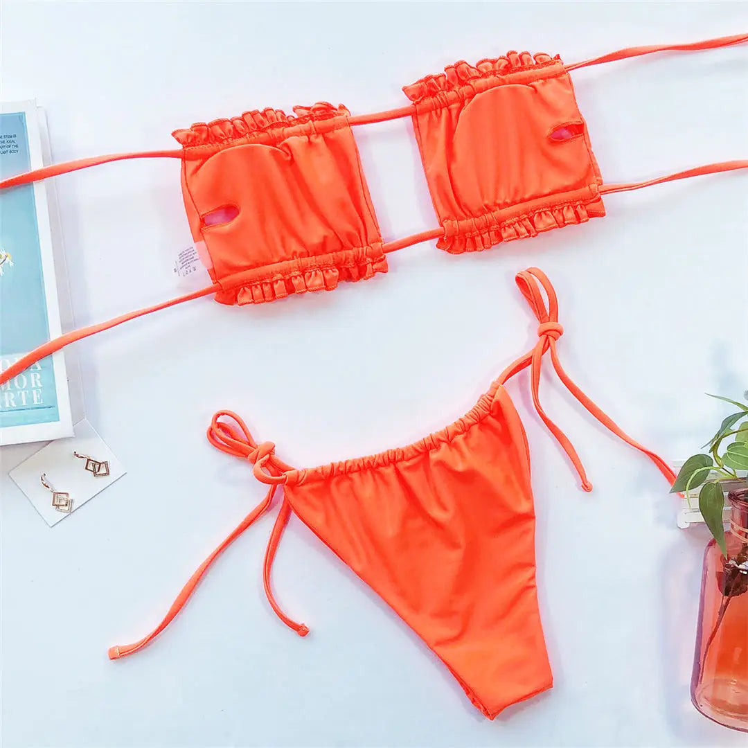 Sexy Leopard Bandeau Brazilian Bikini Swimsuit Female Swimwear Women Two-Pieces Bikini Set Pleated Bather Bathing Suit V1242L