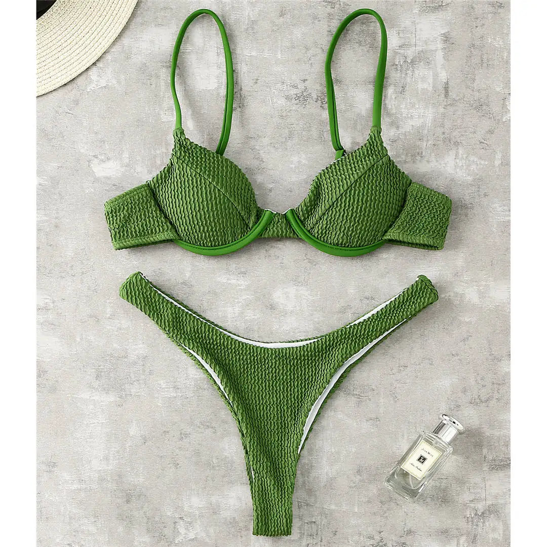 New Ribbed Underwired High Cut Bikini Swimsuit Female Swimwear Women Two-Pieces Bikini Set Thong Bather Bathing Suit Swim V2697B