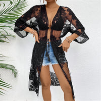 Sexy Embroidery Half Sleeve Chiffon Cardigan Tunic Beach Cover Up Cover-ups Beach Dress Beach Wear Beachwear Female Women V5510