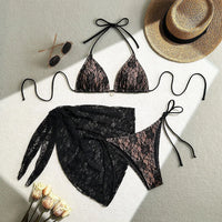 Mesh Sarong Lace Halter High Cut Bikini Female Swimsuit Women Swimwear Three-Pieces Bikini Set Bather Bathing Suit Swim V6284