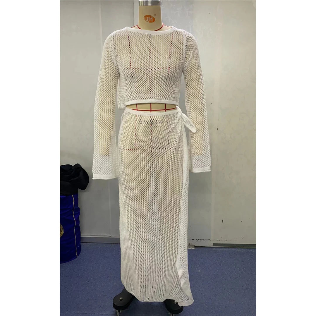 Hollow Out See Through Long Sleeve Crochet Knitted Tunic Beach Cover Up Cover-ups Beach Dress Beach Wear Beachwear Female V5991