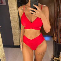S - XL New 7 Colors V Neck High Waist Bikini Female Swimsuit Women Swimwear Two-Pieces Bikini Set Bather Bathing Suit Swim V5006