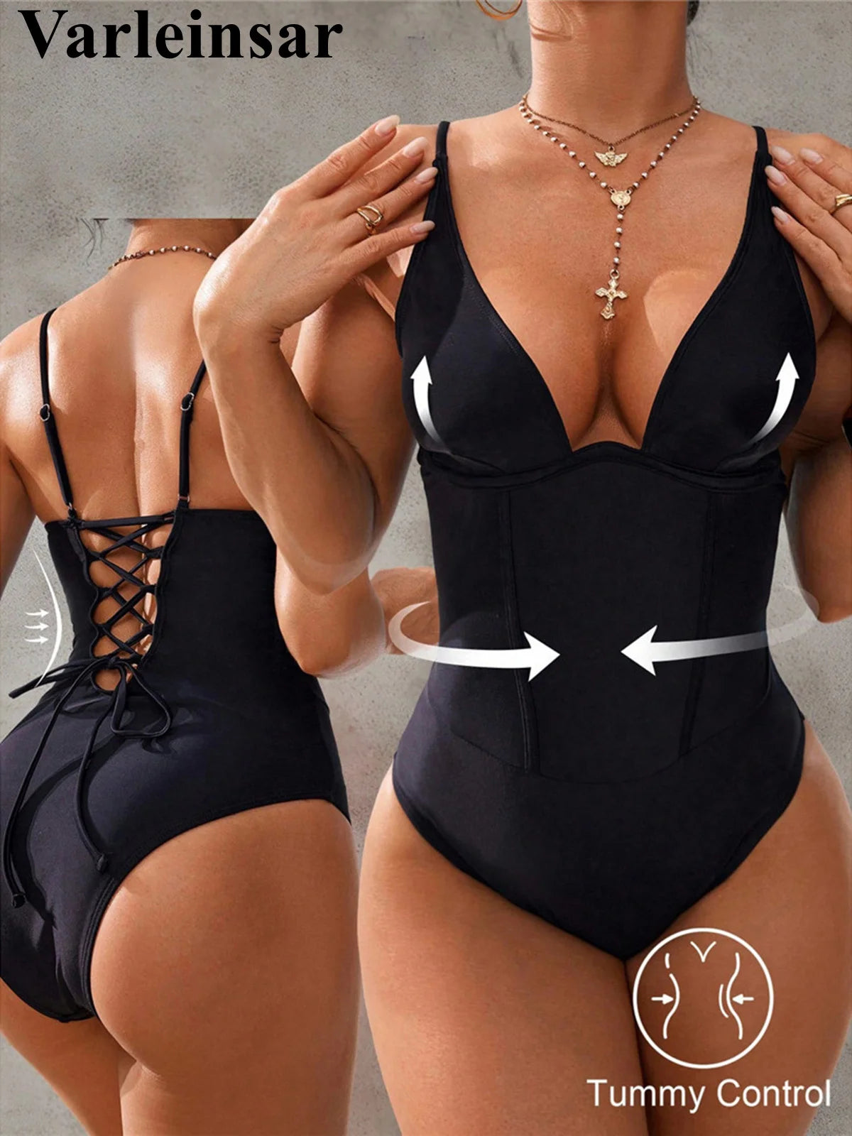 S - XL V Neck Tummy Control Women Swimwear One Piece Swimsuit Female Lace Up High Leg Cut Padded Bather Bathing Suit Swim V7547