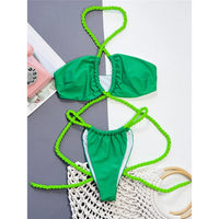 Bikini tour de cou croisé échancré taille basse vert à plat