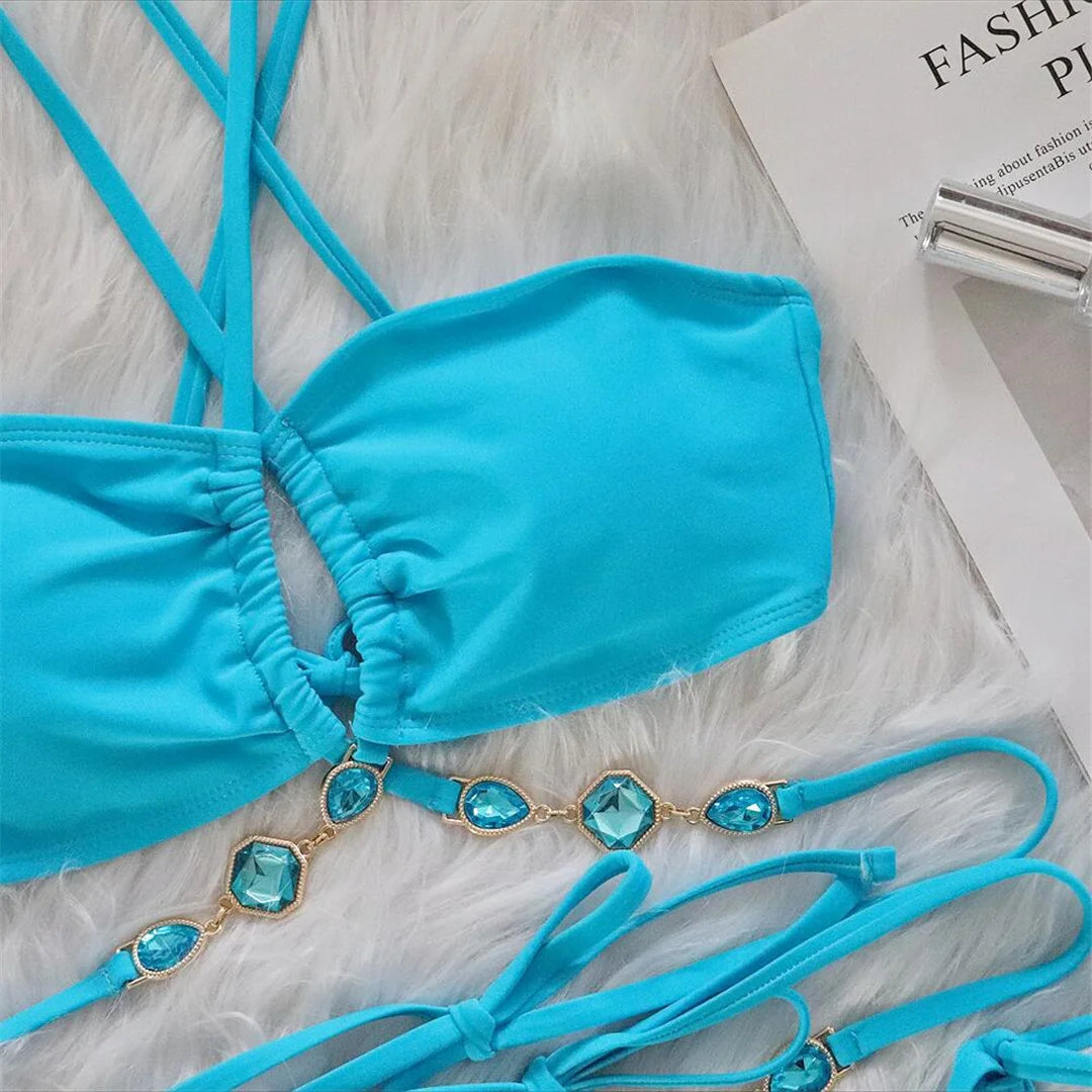 Sexy Diamond Rhinestones Wrap Around Bikini Female Swimsuit Women Swimwear Two-Pieces Bikini Set Bather Bathing Suit Swim V5167