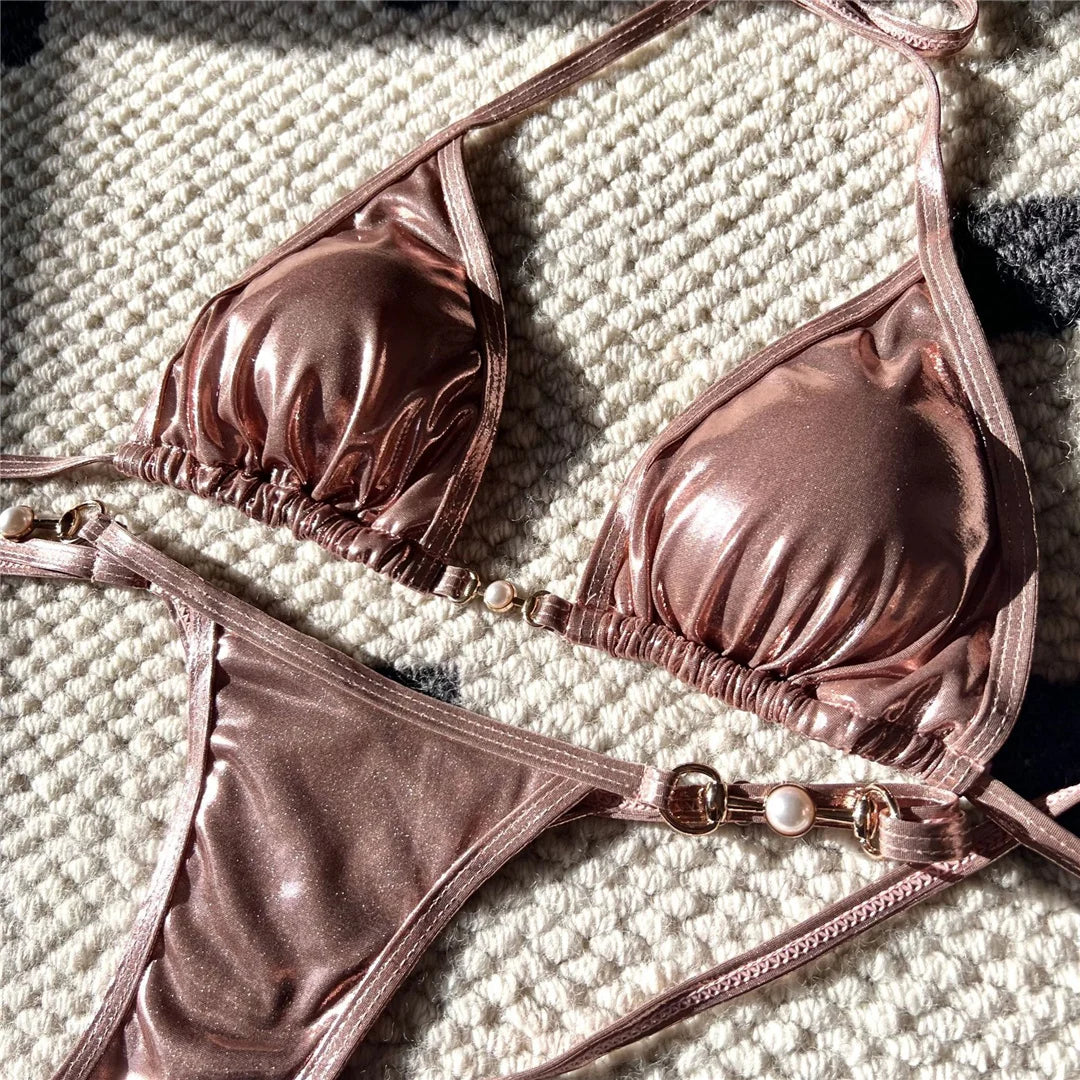 New PU Faux Leather Halter Mini Thong Bikini Female Swimsuit Women Swimwear Two-Pieces Bikini Set Bather Bathing Suit Swim V5206