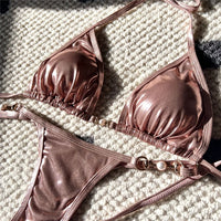 New PU Faux Leather Halter Mini Thong Bikini Female Swimsuit Women Swimwear Two-Pieces Bikini Set Bather Bathing Suit Swim V5206