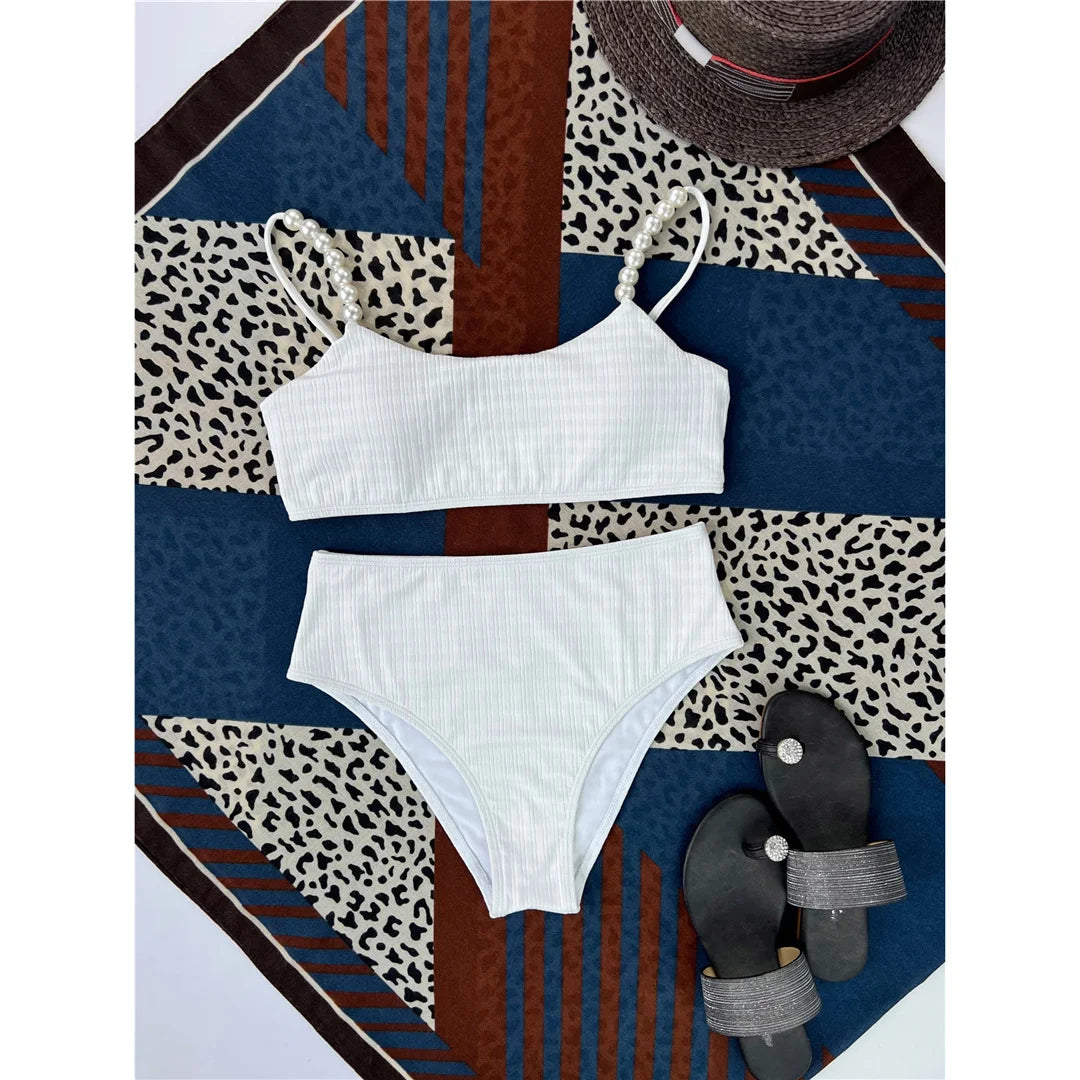 Pearls Ribbed High Waist Bikini Female Swimsuit Women Swimwear Two-Pieces Bikini Set Padded Bather Bathing Suit Swim Lady V4352