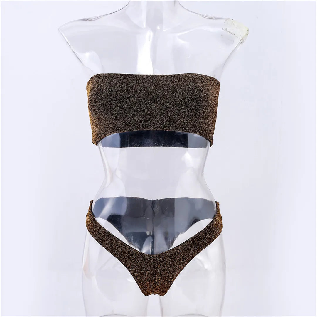 Glitter Sparkling Strapless Bikini Female Swimsuit Women Swimwear Two-Pieces Bikini Set Bandeau Bather Bathing Suit Swim V2236
