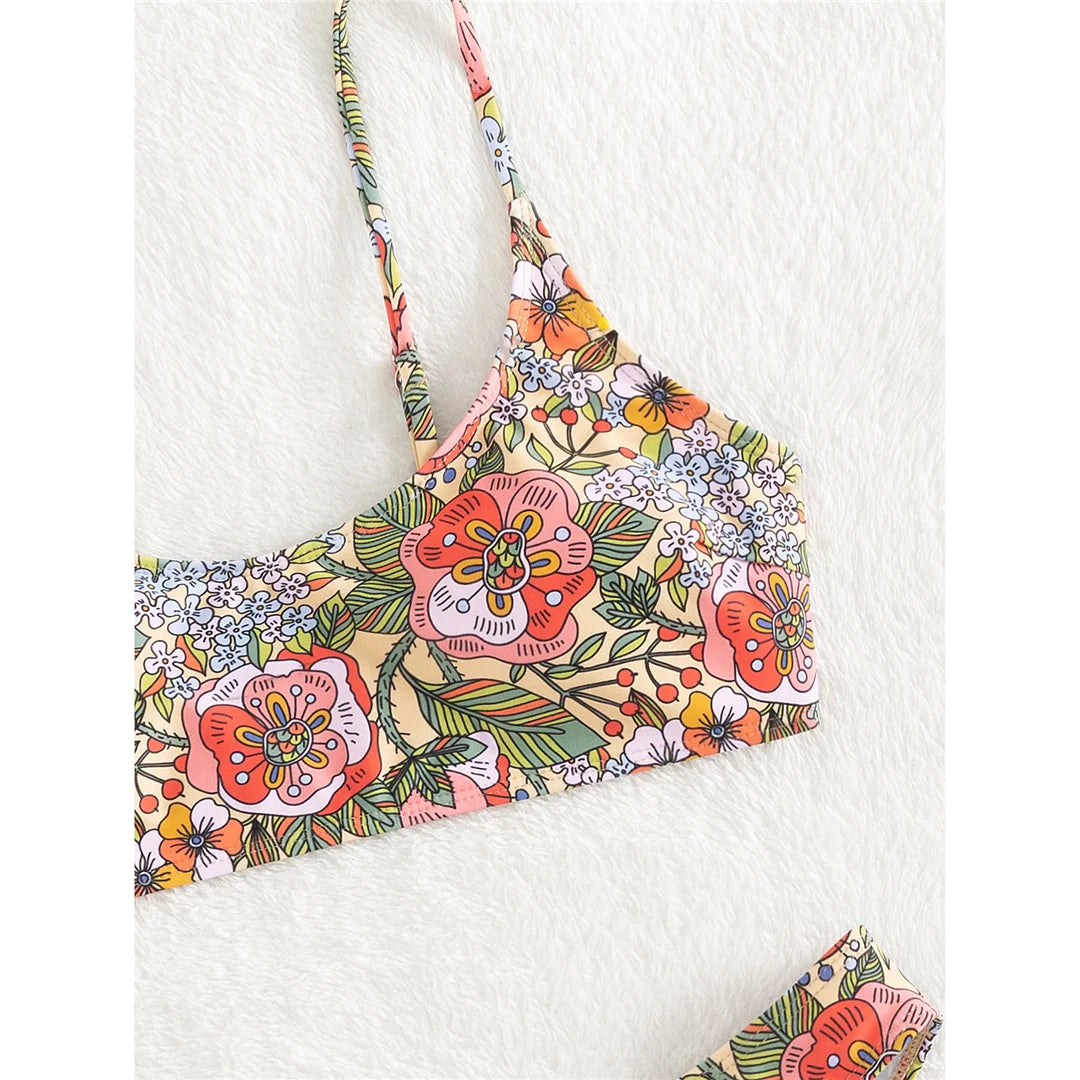 Floral Printed Brazilian Mid Waist Bikini Women Swimwear Female Swimsuit Two-Pieces Bikini Set Bather Bathing Suit Swim V5002