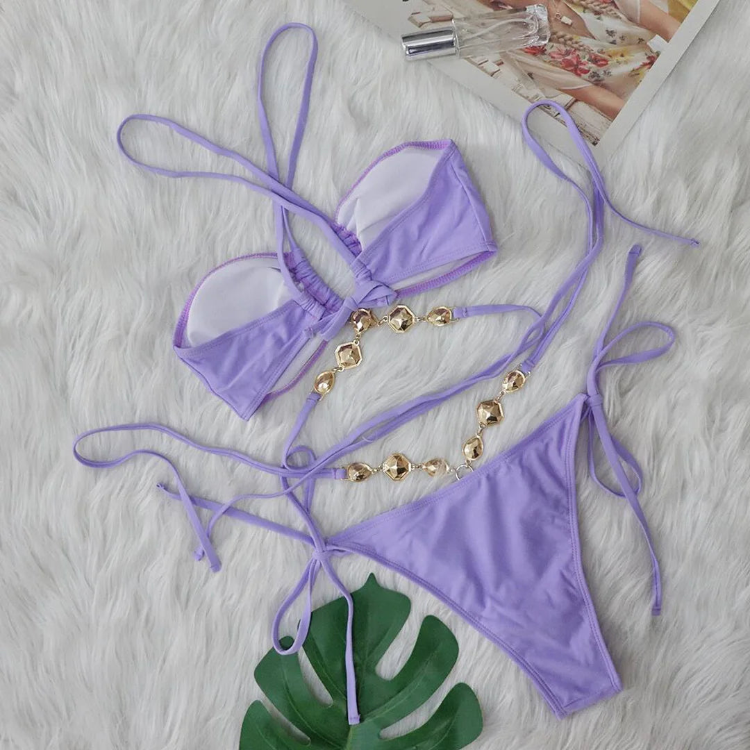 Sexy Diamond Rhinestones Wrap Around Bikini Female Swimsuit Women Swimwear Two-Pieces Bikini Set Bather Bathing Suit Swim V5167
