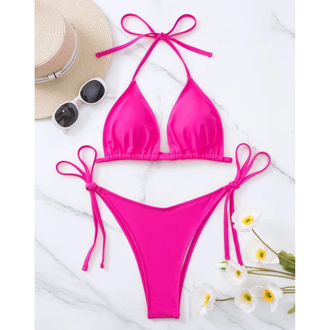 7 Colors Halter Brazilian Bikini Women Swimwear Female Swimsuit Two-Pieces Bikini Set Padded Bather Bathing Suit Swim Lady V3536