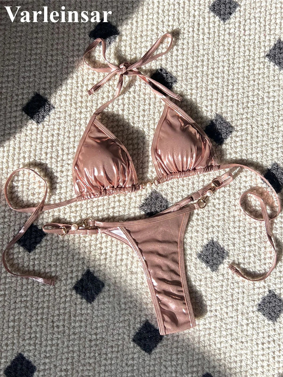 New PU Faux Leather Halter Mini Thong Bikini Female Swimsuit Women Swimwear Two-Pieces Bikini Set Bather Bathing Suit Swim V5206
