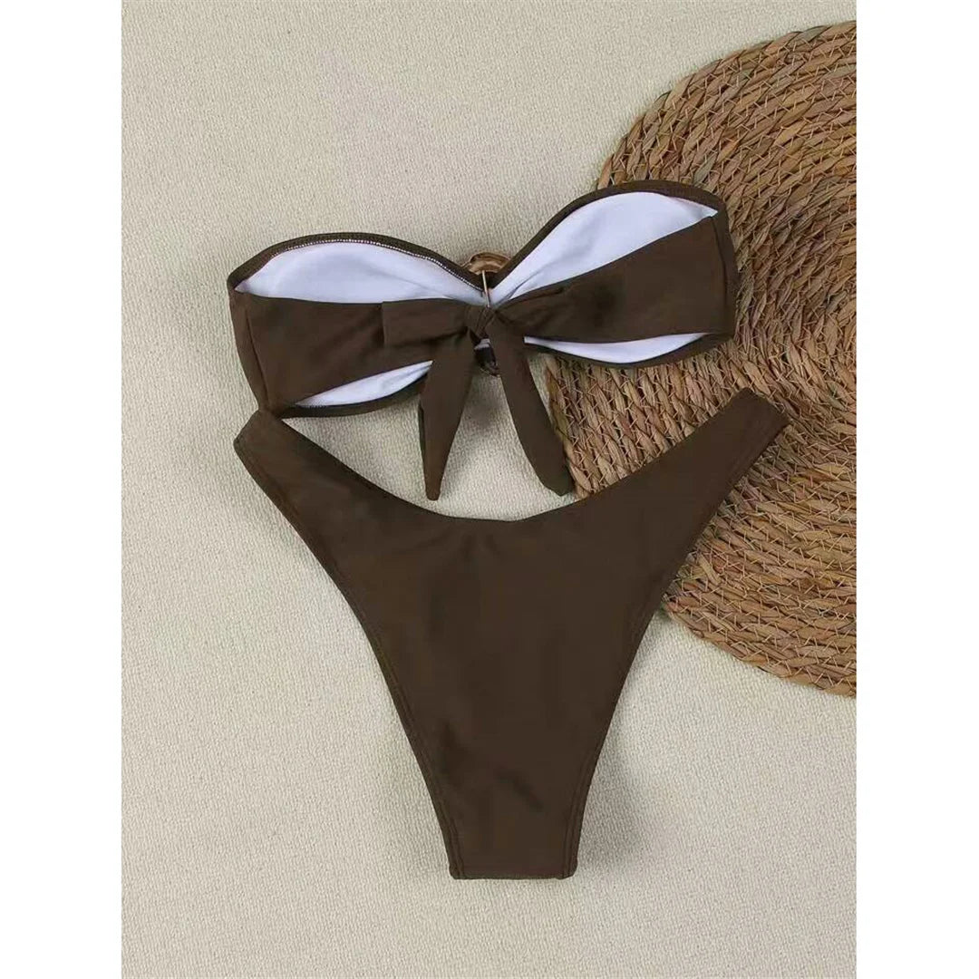 7 Colors Bandeau Metal Ring Brazilian Bikini Female Swimsuit Women Swimwear Two-Pieces Bikini Set Bather Bathing Suit Swim V6516