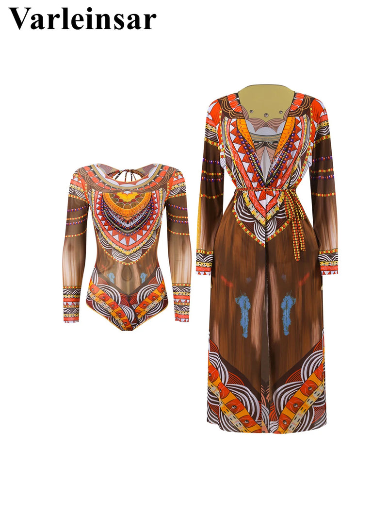 S - XXL 2026 New Printed Long Sleeve With Cover Up Dress One Piece Swimsuit Women Swimwear Female Bather Bathing Suit Swim V7346
