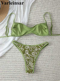S - XL Green Printed Brazilian Bikini Women Swimwear Female Swimsuit Two-Pieces Bikini Set Padded Bather Bathing Suit Swim V8081