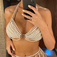 Luxury Pearls Halter See Through Bikini Top Female Swimsuit Women Swimwear Bather Bathing Suit Swim Hollow Out Beach Top V5407