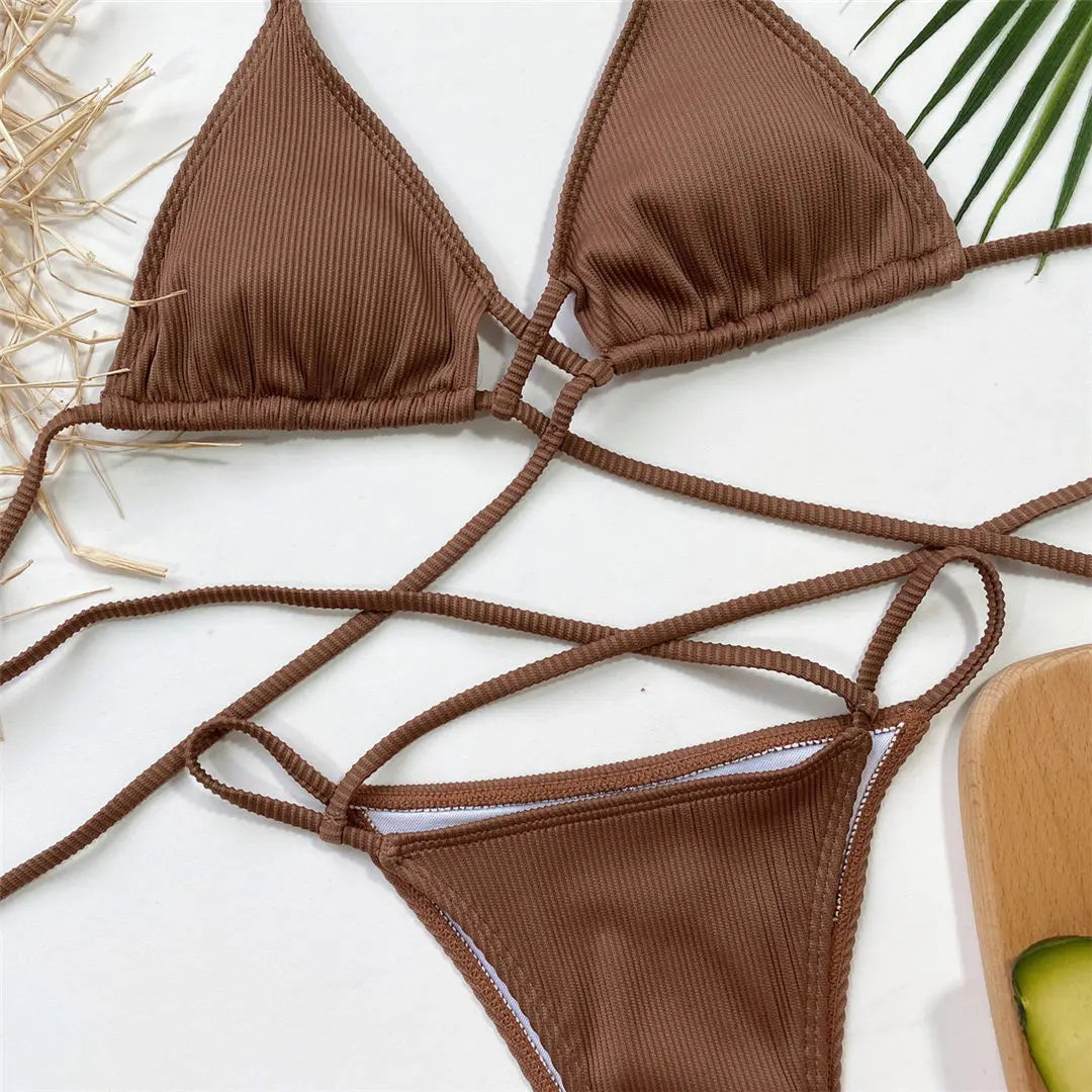 New Sexy Halter Ribbed Bikini Women Swimwear Female Swimsuit Two-Pieces Bikini Set Wrap Around Bather Bathing Suit Swim V2956