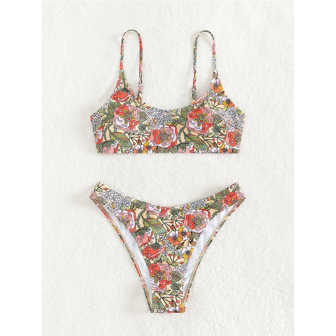 Floral Printed Brazilian Mid Waist Bikini Women Swimwear Female Swimsuit Two-Pieces Bikini Set Bather Bathing Suit Swim V5002