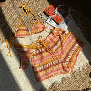 Bikini rayé triangle avec short taille élastique orange et rose