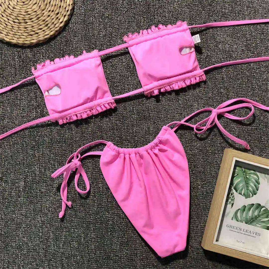 Sexy Leopard Bandeau Brazilian Bikini Swimsuit Female Swimwear Women Two-Pieces Bikini Set Pleated Bather Bathing Suit V1242L