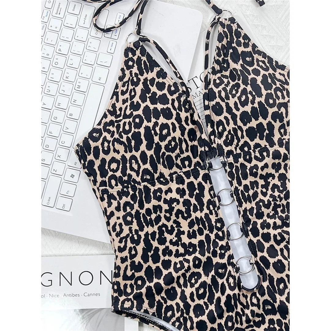 Leopard Metal Rings Halter Cut Out Monokini Women Swimwear One Piece Swimsuit Female High Leg Cut Bather Bathing Suit Swim V3752