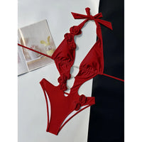 Pink Red Bather Bathing Suit Swim 3D Flower Deep V Neck One Piece Swimsuit Women Swimwear Female High Cut Leg Monokini V6986P