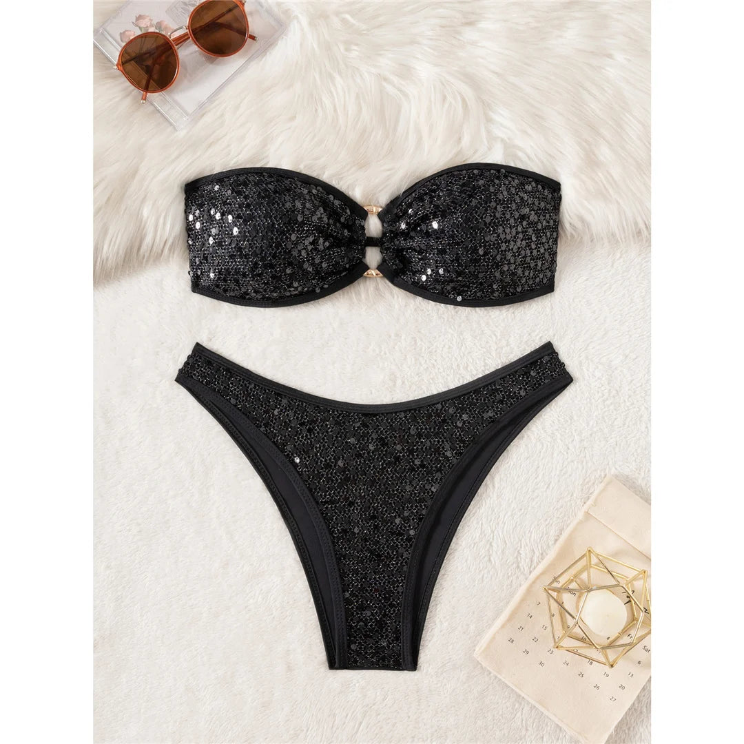 5 Colors Sequins Shiny Bling Women Swimwear Bandeau Bikini Female Swimsuit Two-Pieces Bikini Set Bather Bathing Suit Swim V7311