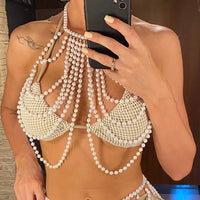 Luxury Pearls Halter See Through Bikini Top Female Swimsuit Women Swimwear Bather Bathing Suit Swim Hollow Out Beach Top V5407