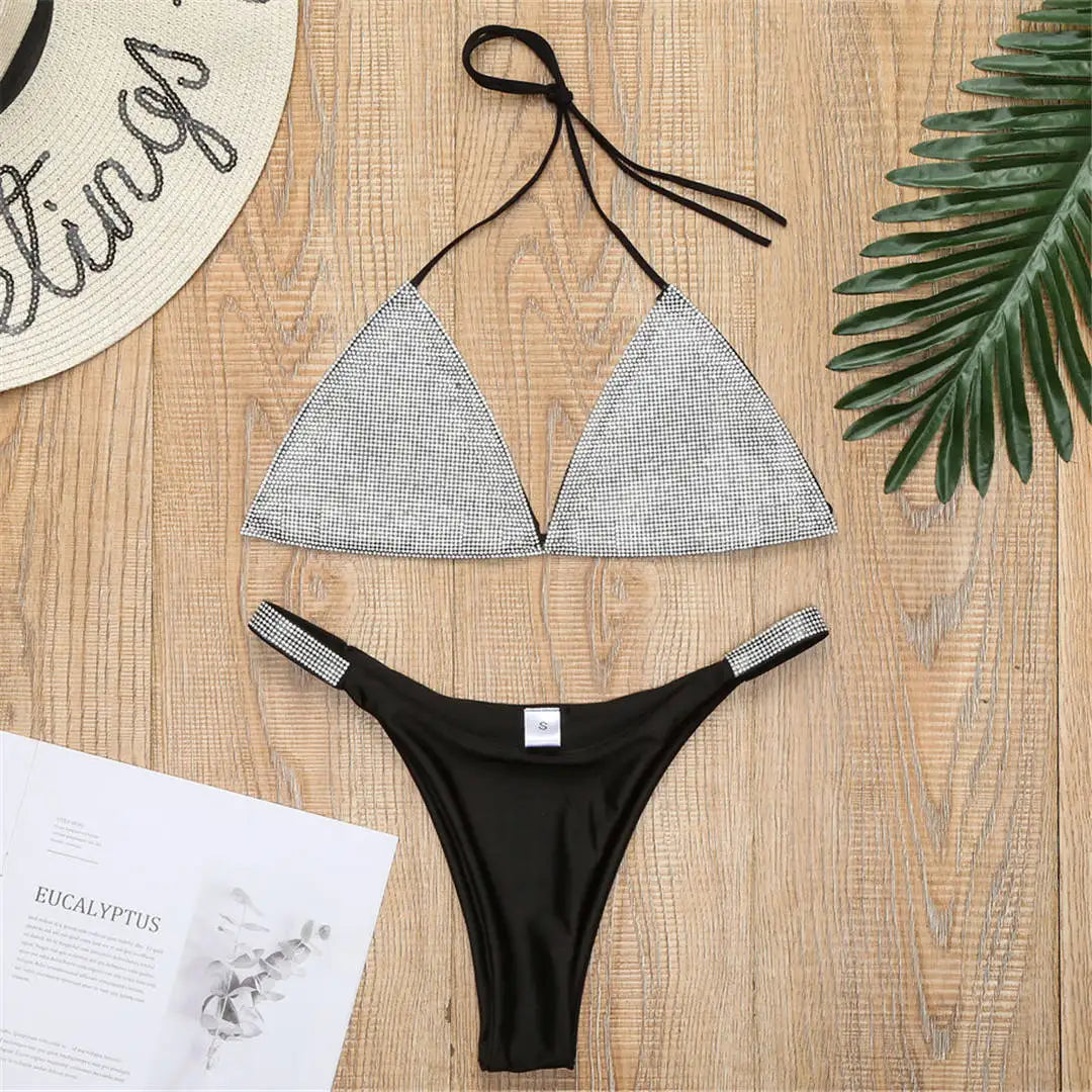 Luxury Shiny Bling Rhinestone Bikini Female Swimsuit Women Swimwear Two-Pieces Bikini Set Halter Bather Bathing Suit Swim V2049