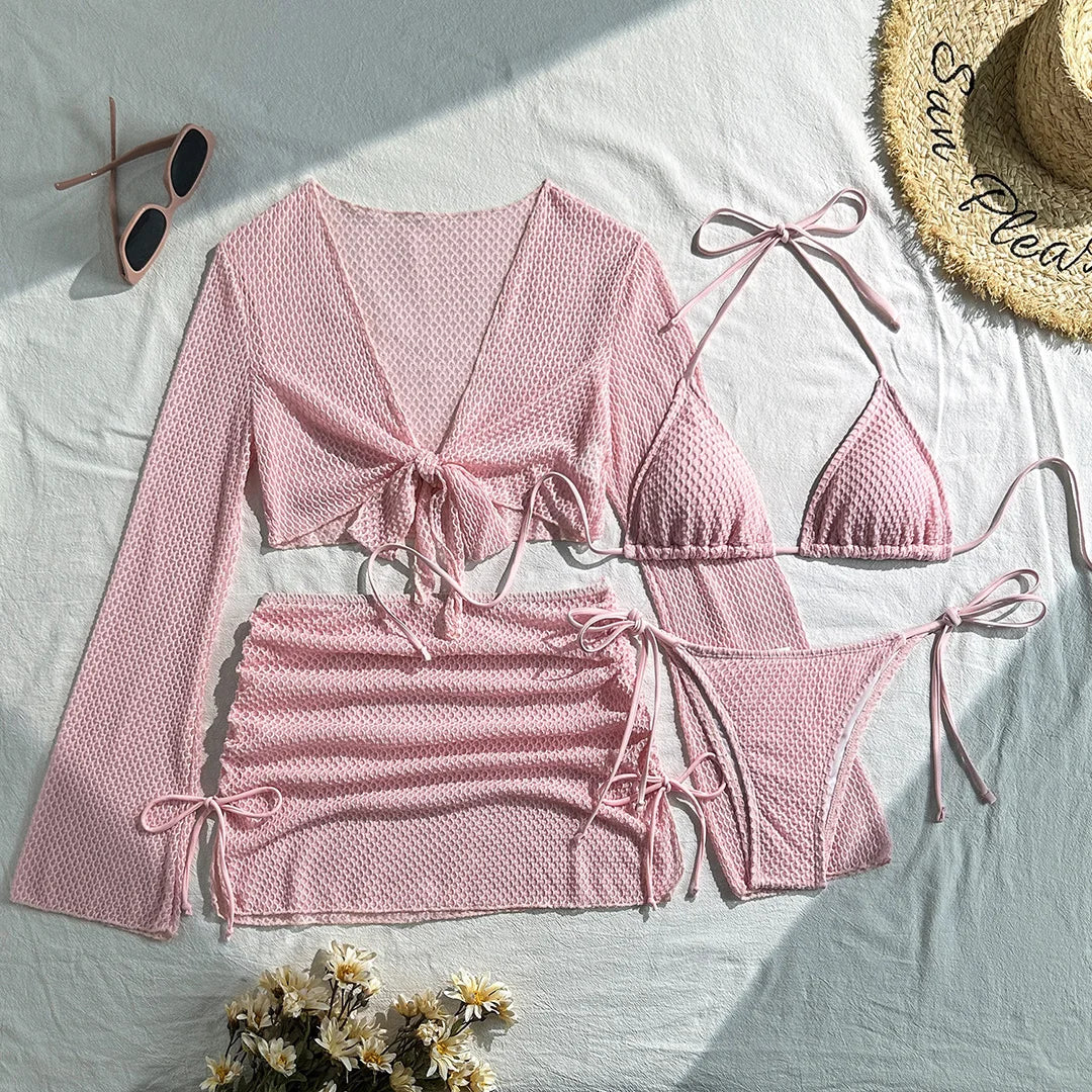 2026 Long Sleeve With Skirt Halter Bikini Women Swimwear Female Swimsuit Four-pieces Bikini set Bather Bathing Suit Swim V6358