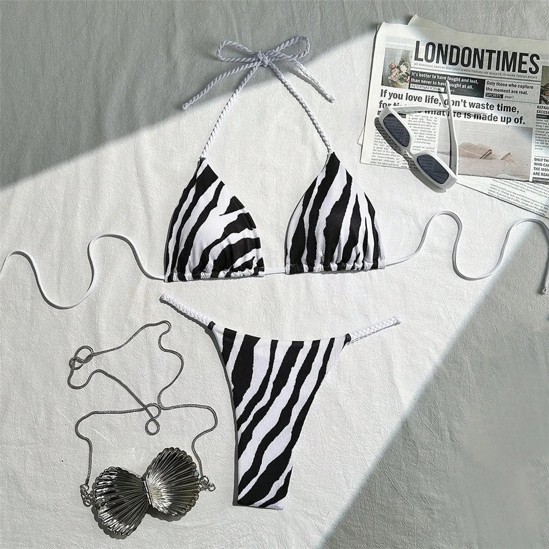 XS - L Zebra Halter Mini Thong Bikini Women Swimwear Female Swimsuit Two-Pieces Bikini Set Padded Bather Bathing Suit Swim V6759