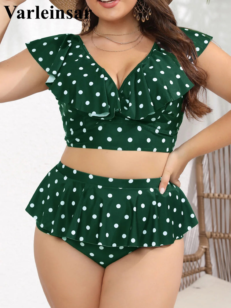 0XL - 4XL Polka Dots Bikini Large Size Swimwear Plus Size Women Swimsuit Female Two-Pieces Bikini Set Bather Bathing Suit V3745