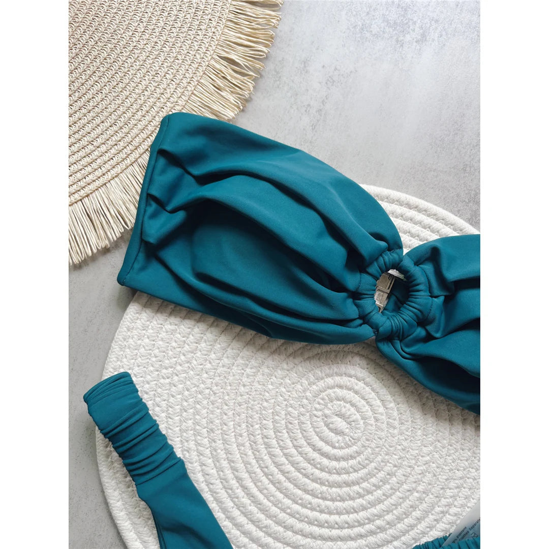 Wrinkled Bandeau High Cut Mini Thong Bikini Female Swimsuit Women Swimwear Two-Pieces Bikini Set Bather Bathing Suit Swim V6085