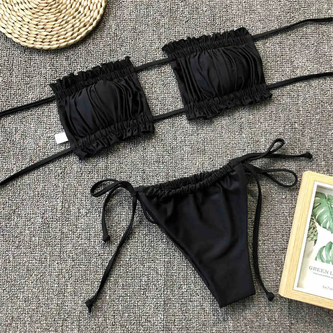 Sexy Leopard Bandeau Brazilian Bikini Swimsuit Female Swimwear Women Two-Pieces Bikini Set Pleated Bather Bathing Suit V1242L