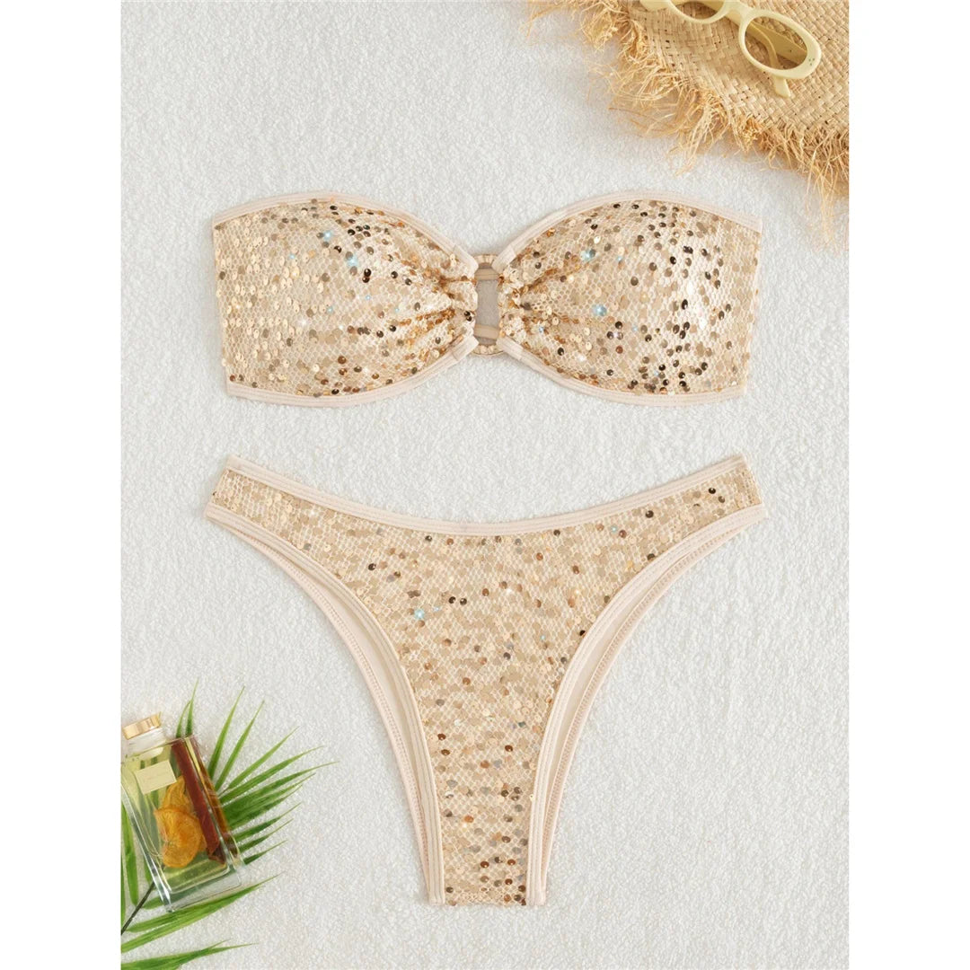 5 Colors Sequins Shiny Bling Women Swimwear Bandeau Bikini Female Swimsuit Two-Pieces Bikini Set Bather Bathing Suit Swim V7311