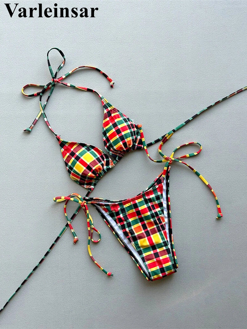 Sexy Plaid Halter Bikini Female Swimsuit Women Swimwear Two-Pieces Bikini Set High Leg Cut Padded Bather Bathing Suit Swim V7930