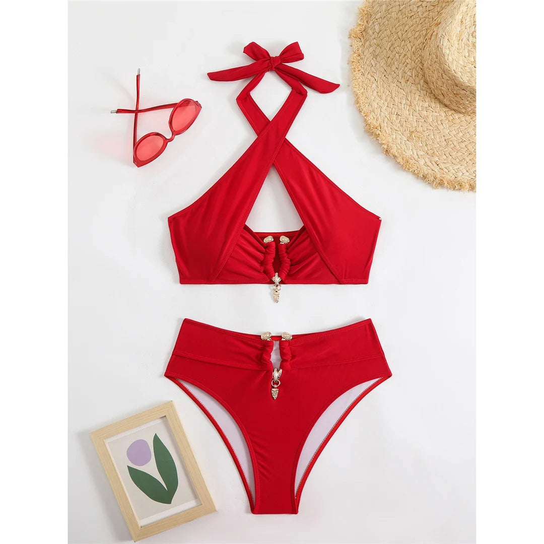 2026 Halter Cut Out High Waist Bikini Female Swimsuit Women Swimwear Two-Pieces Bikini Set Padded Bather Bathing Suit Swim V6256