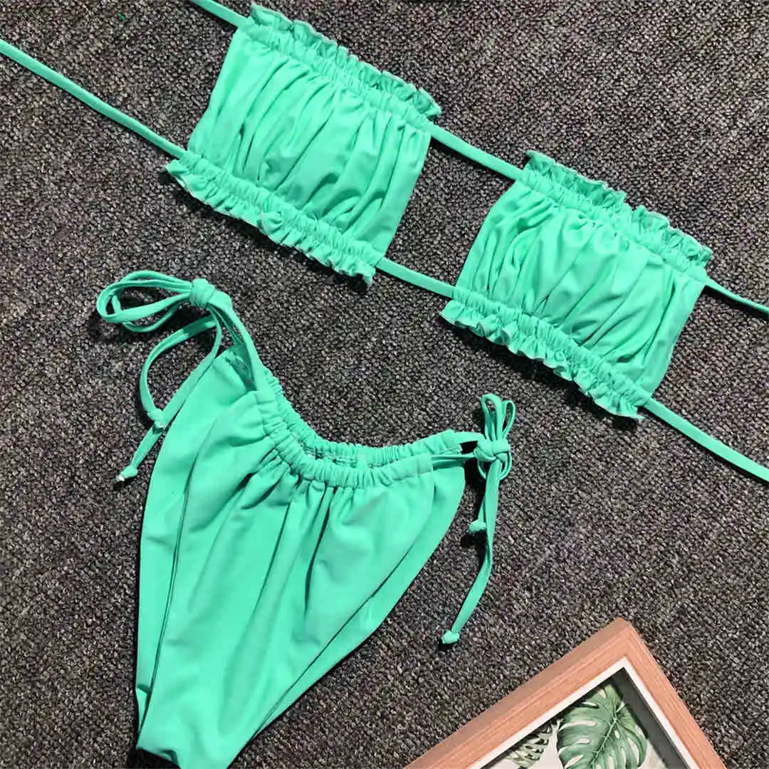 Sexy Leopard Bandeau Brazilian Bikini Swimsuit Female Swimwear Women Two-Pieces Bikini Set Pleated Bather Bathing Suit V1242L