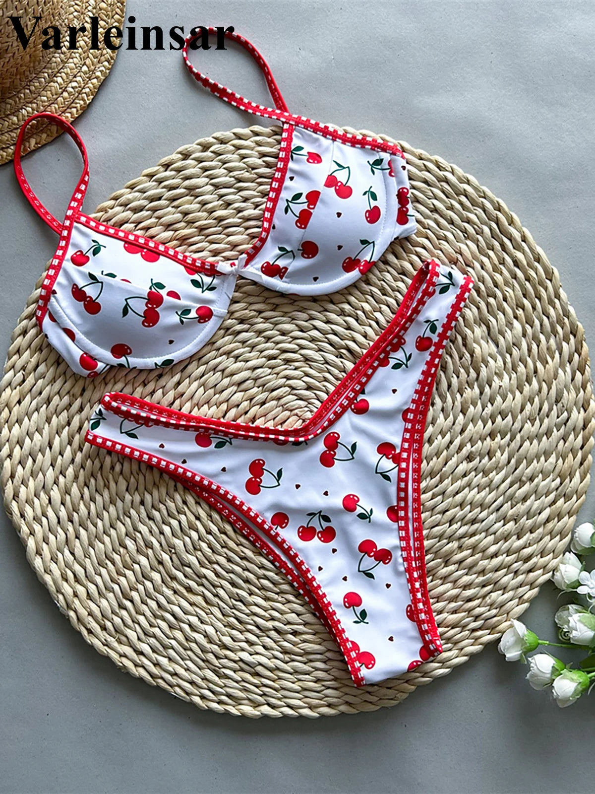 Cherry Printed Underwired Brazilian Bikini Women Swimwear Female Swimsuit Two-Pieces Bikini Set Bather Bathing Suit Swim V5913