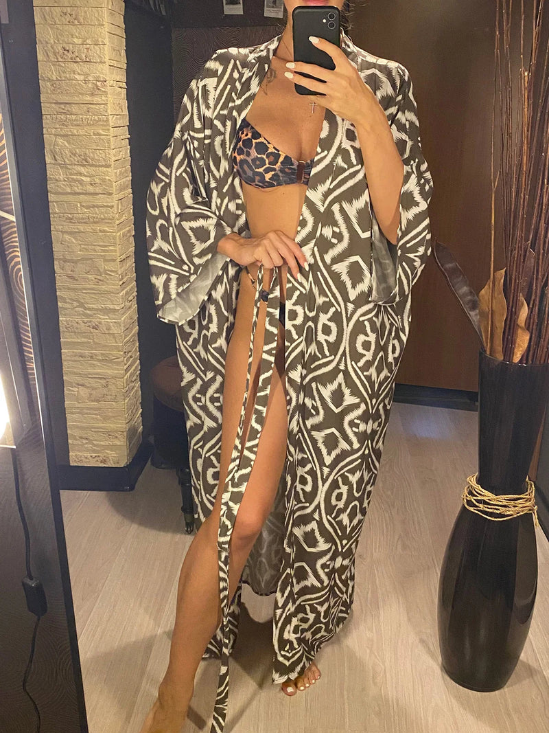 Printed Long Sleeve With Belt V Neck Beach Dress Beach Wear Beachwear Beach Cover Up Cover-upsWomen sunscreen clothing V6174