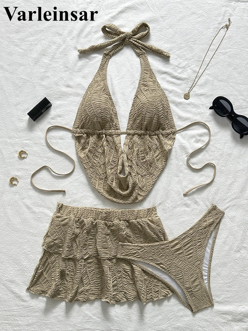New 3PC Tankini Wrinkled Bikini Three-pieces Bikini set With Skirt Women Swimwear Female Swimsuit Bathing Suit Bather Swim V7415
