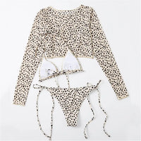 S- XXL Leopard Printed Long Sleeve Bikini Women Swimwear Female Swimsuit Three-Pieces Bikini Set Bather Bathing Suit Swim V3193Y