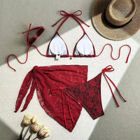Mesh Sarong Lace Halter High Cut Bikini Female Swimsuit Women Swimwear Three-Pieces Bikini Set Bather Bathing Suit Swim V6284