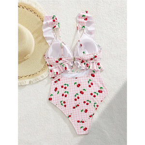 Maillot une pièce à volants imprimé cerises rose
