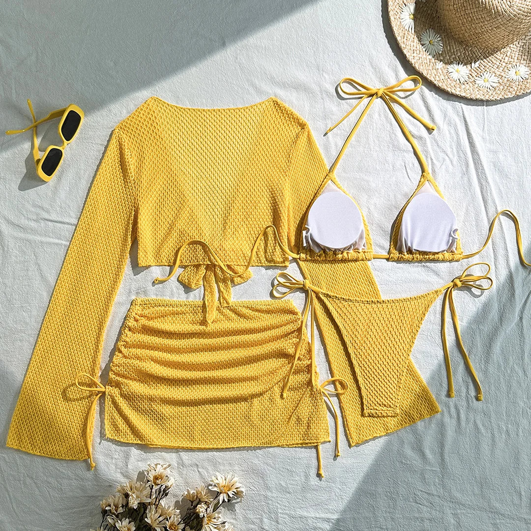 2026 Long Sleeve With Skirt Halter Bikini Women Swimwear Female Swimsuit Four-pieces Bikini set Bather Bathing Suit Swim V6358